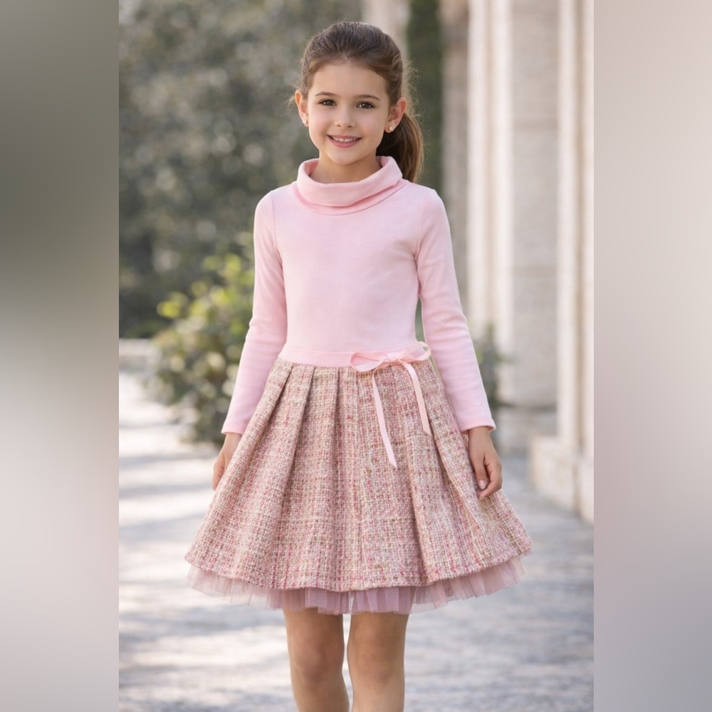 Dolls & Divas Pink Pleated Tweed Skirt Mock‎ Turtleneck Girls Dress Sz 6 NWT